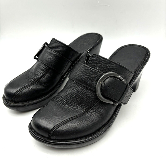 BOC Born On Concept Black Leather Gunmetal Buckle Block Heel Platform Clogs 7 - Picture 4 of 16